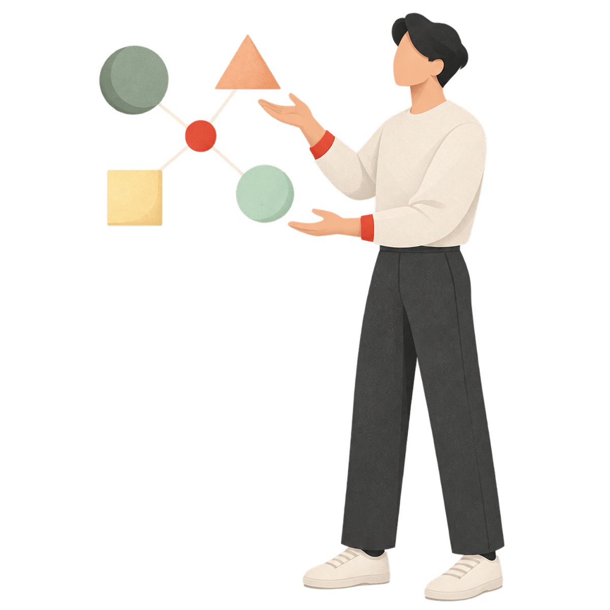 Illustration of the CloudMotive figure gesturing toward a small floating diagram of connected shapes, representing strategy and execution working as one system
