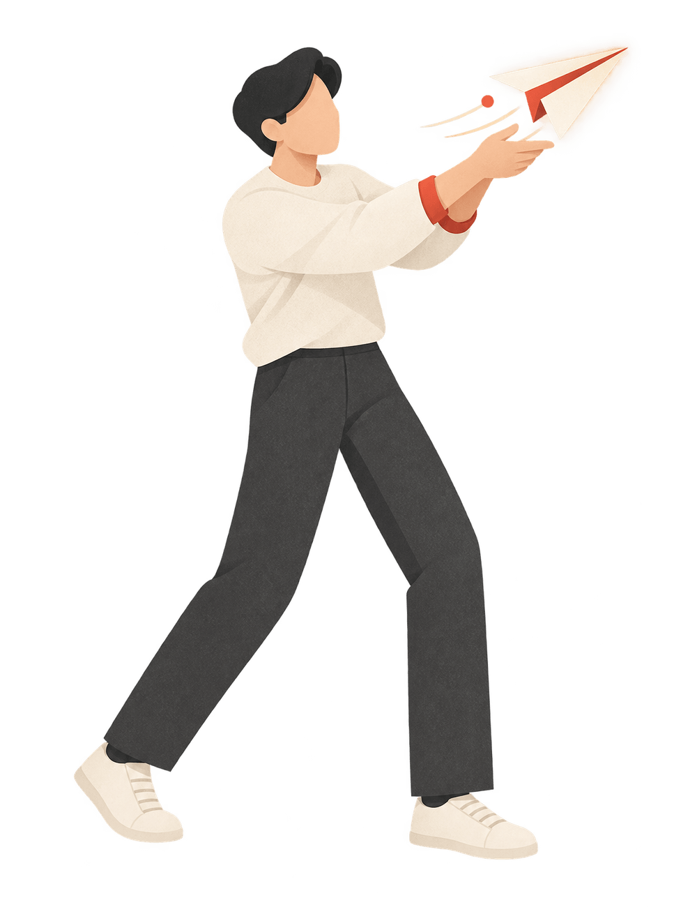 Illustration of the CloudMotive figure launching a small glowing paper airplane forward, representing the start of a new project