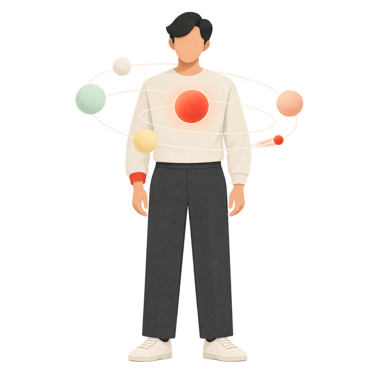 Illustration of the CloudMotive figure calmly observing a ring of connected automated workflow nodes