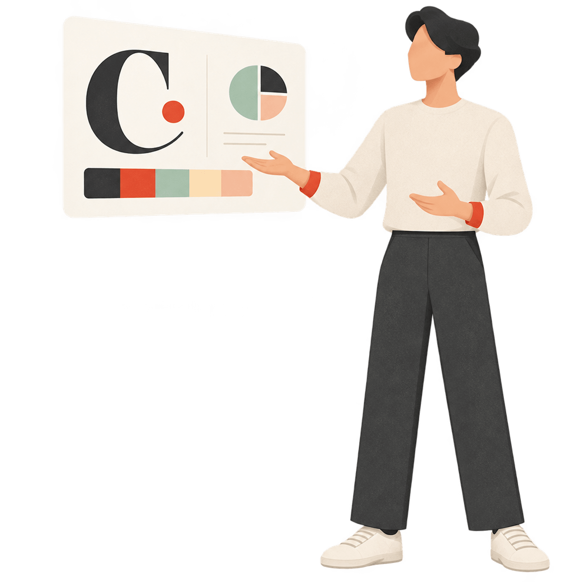 Illustration of the CloudMotive figure presenting a brand identity board