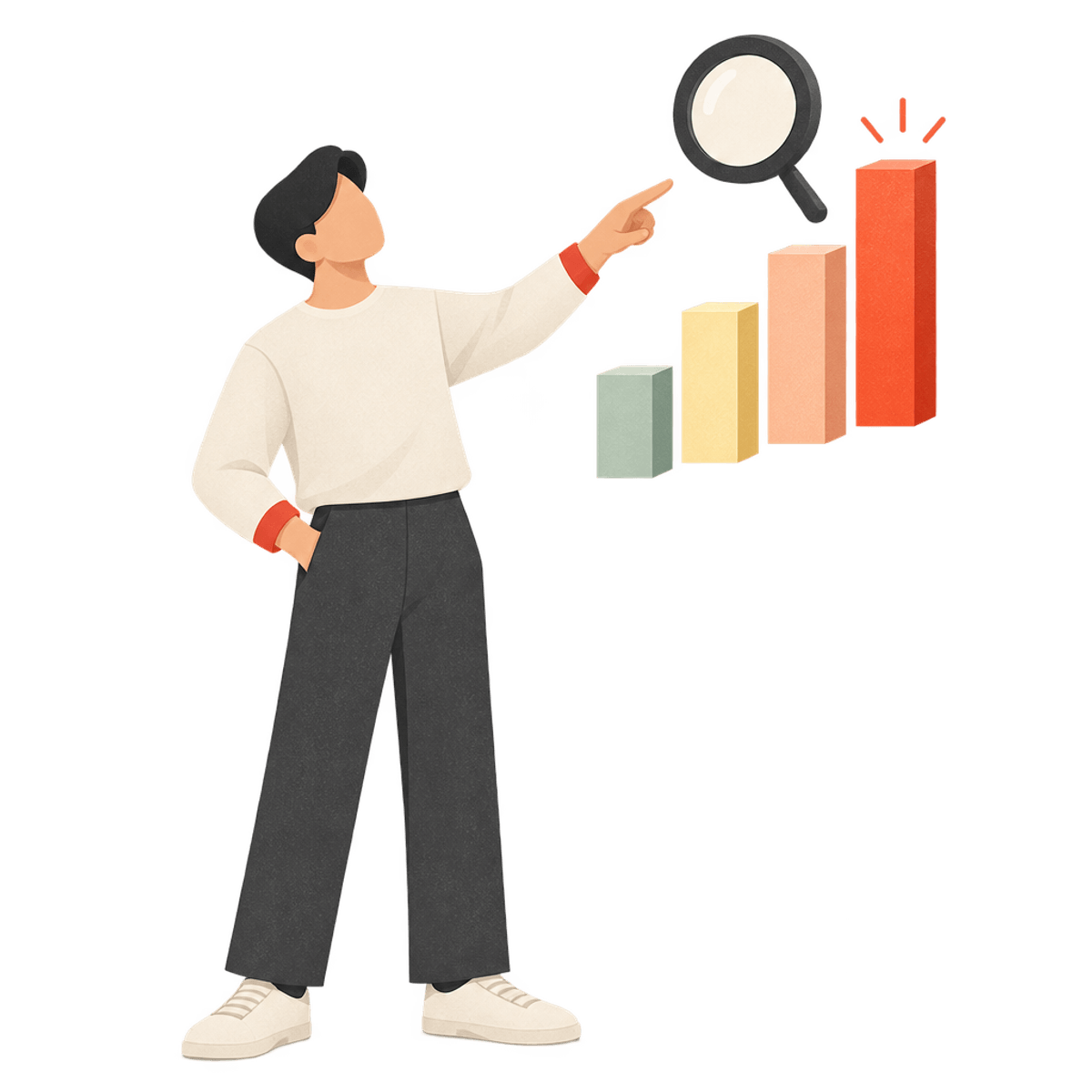 Illustration of the CloudMotive figure pointing toward a magnifying glass over rising search ranking bars