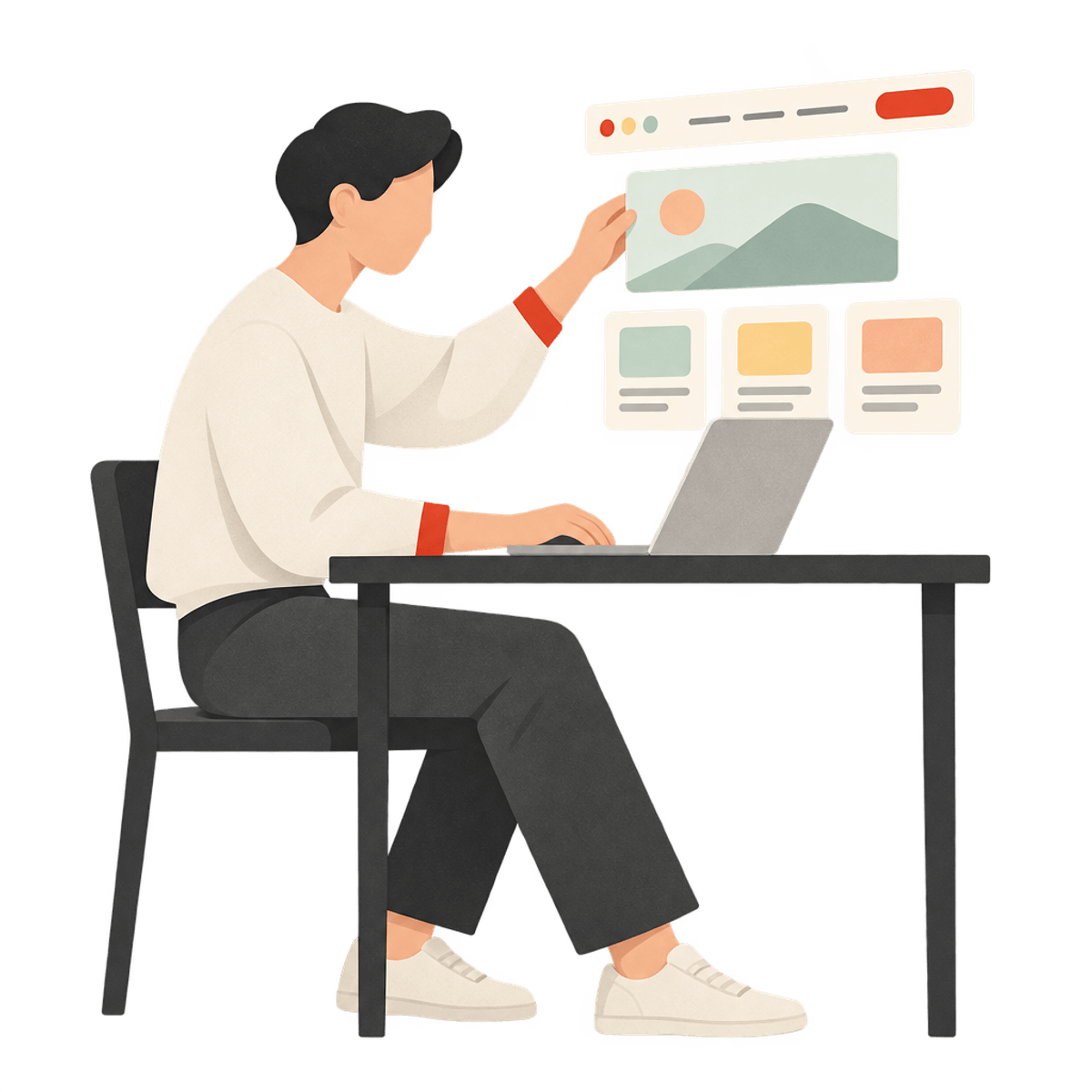 Illustration of the CloudMotive figure arranging floating modular website layout blocks above a laptop